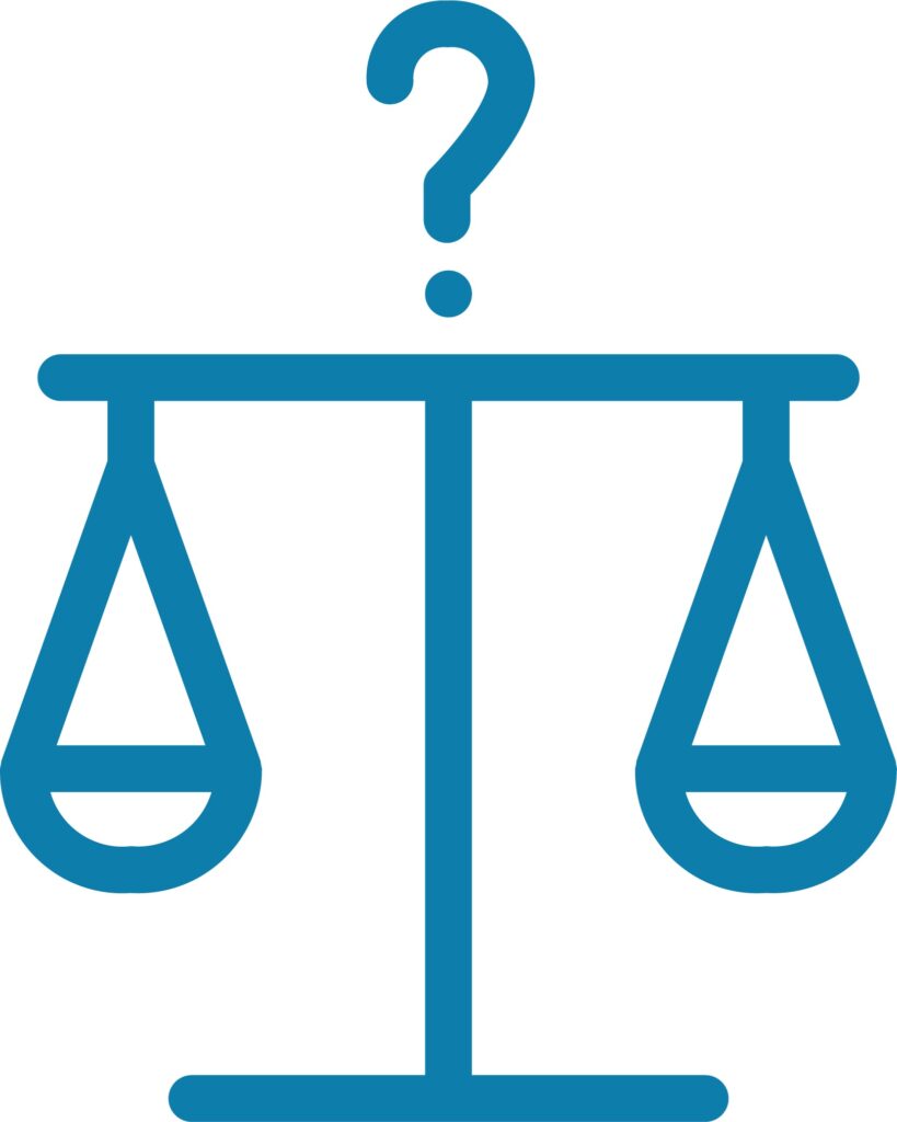 Hellblaues Icon einer Waage mit einem Fragezeichen darüber