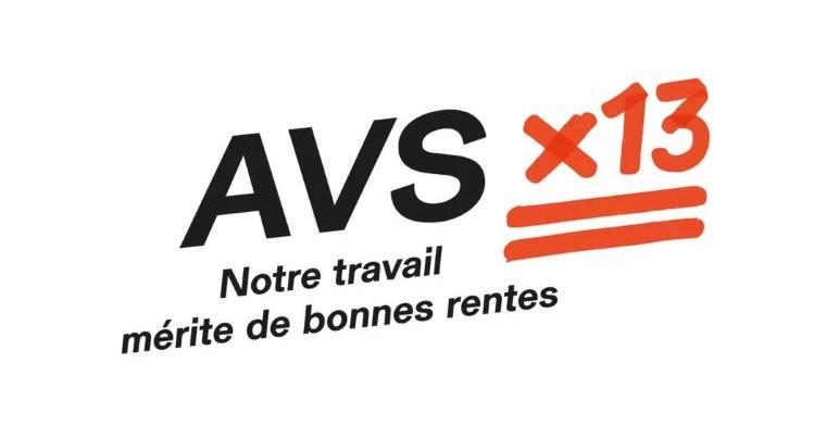 Logo. Ecrit en noir et rouge: «AVS x 13. Notre travail mérite de bonnes rentes» 